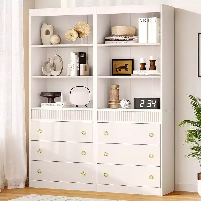 Libreria scanalata da 71 pollici con 3 cassetti e 3 ripiani aperti, libreria alta con design ondulato per soggiorno e ufficio