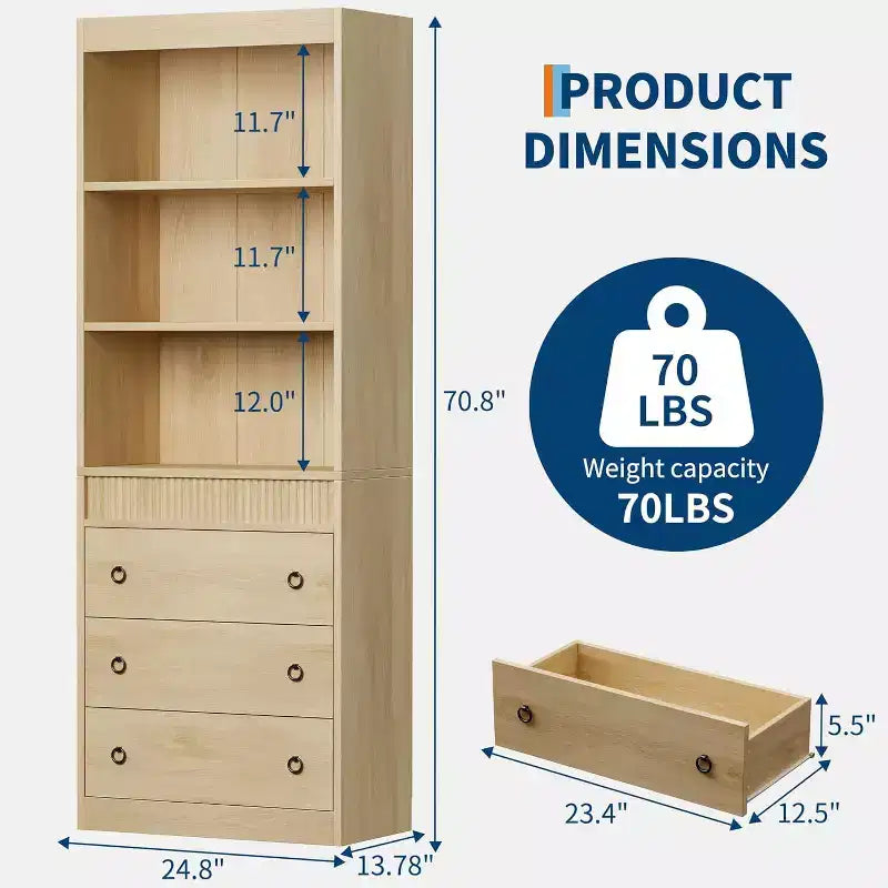 Libreria scanalata da 71 pollici con 3 cassetti e 3 ripiani aperti, libreria alta con design ondulato per soggiorno e ufficio