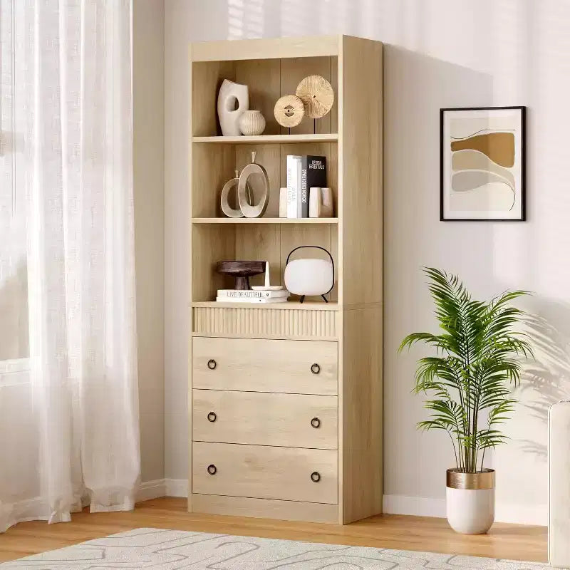 Libreria scanalata da 71 pollici con 3 cassetti e 3 ripiani aperti, libreria alta con design ondulato per soggiorno e ufficio