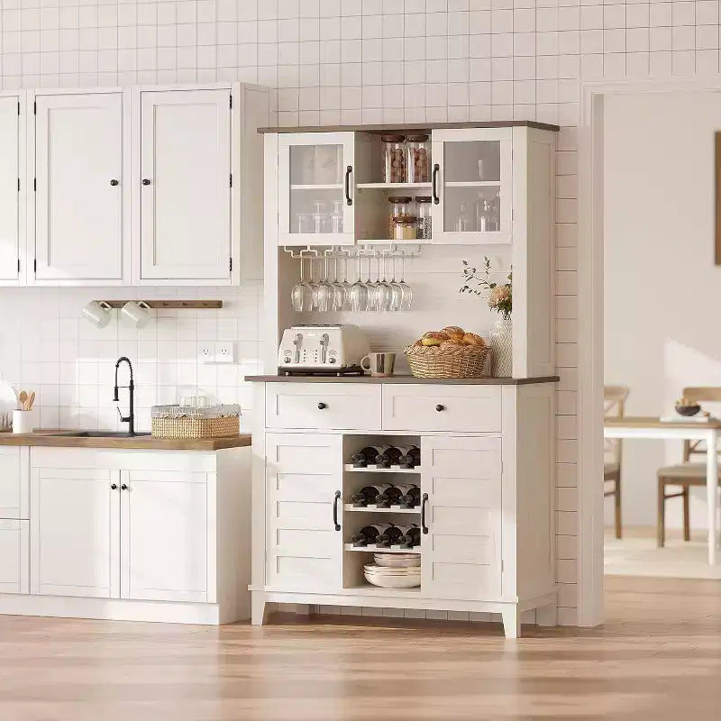 Mobile da caffè in stile rustico con 4 ante, 2 cassetti e portabottiglie, consolle da cucina da 72 pollici per microonde e mobile bar domestico