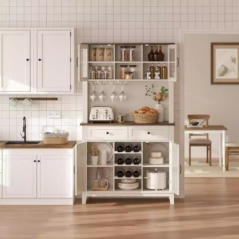 Mobile da caffè in stile rustico con 4 ante, 2 cassetti e portabottiglie, consolle da cucina da 72 pollici per microonde e mobile bar domestico