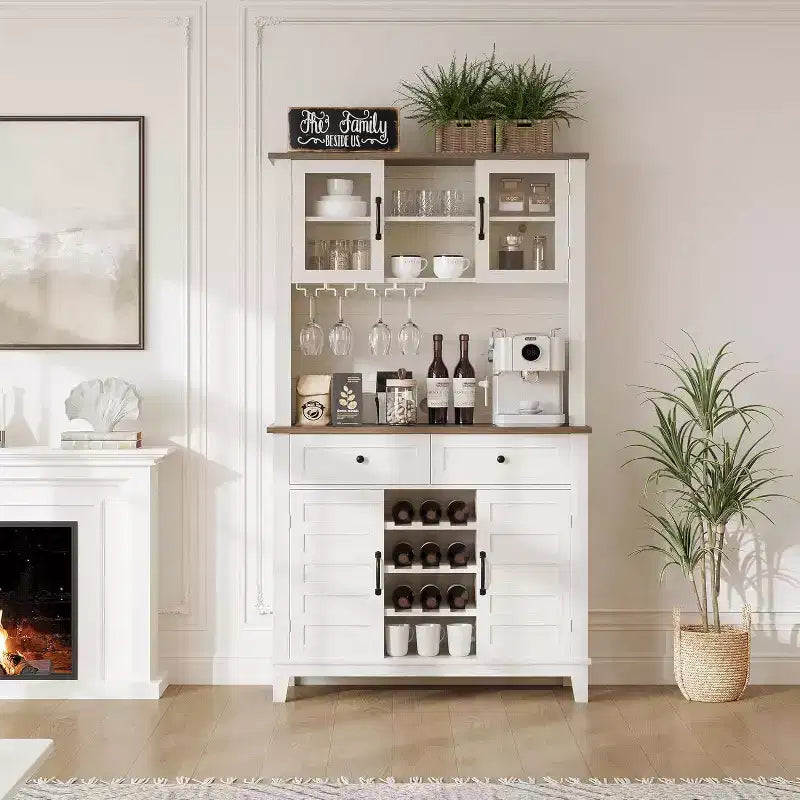 Mobile da caffè in stile rustico con 4 ante, 2 cassetti e portabottiglie, consolle da cucina da 72 pollici per microonde e mobile bar domestico