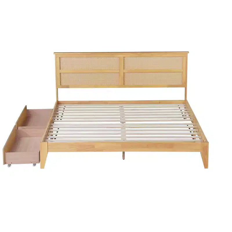 Bellemave Letto Matrimoniale King in Legno con Testiera in Rattan, 2 Cassetti Contenitore, Doghe di Supporto Robuste e Piedi Rinforzati, Rovere Bianco