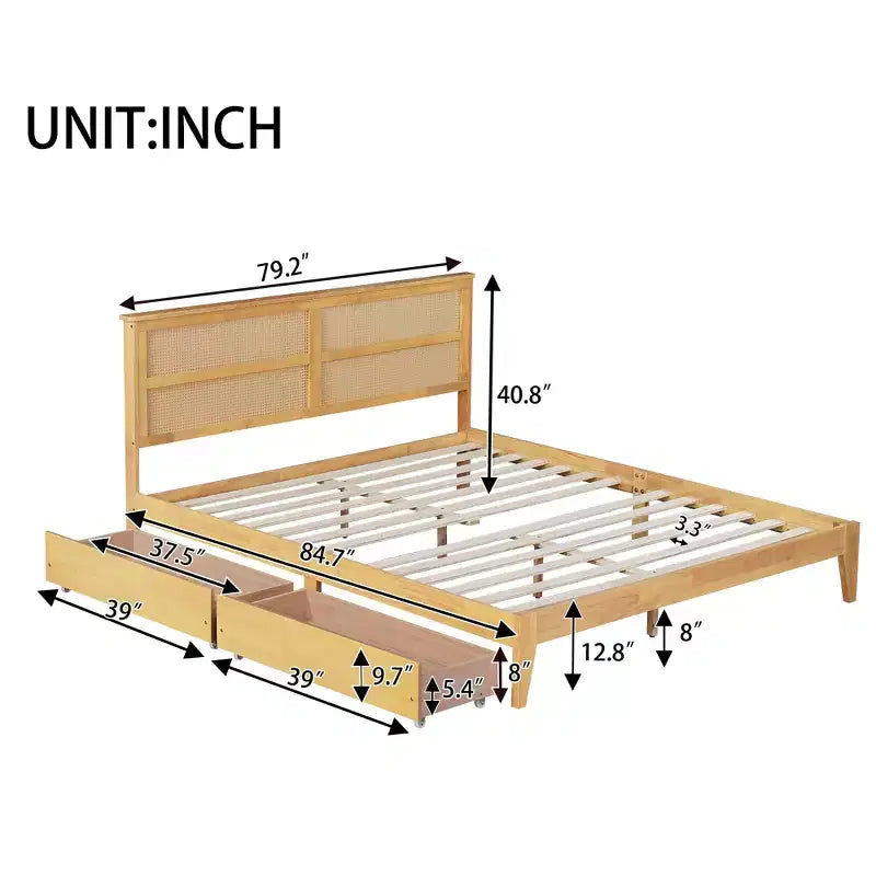 Bellemave Letto Matrimoniale King in Legno con Testiera in Rattan, 2 Cassetti Contenitore, Doghe di Supporto Robuste e Piedi Rinforzati, Rovere Bianco