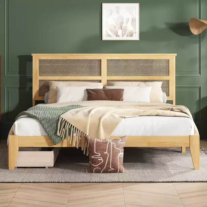Bellemave Letto Matrimoniale King in Legno con Testiera in Rattan, 2 Cassetti Contenitore, Doghe di Supporto Robuste e Piedi Rinforzati, Rovere Bianco