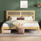 Bellemave Letto Matrimoniale King in Legno con Testiera in Rattan, 2 Cassetti Contenitore, Doghe di Supporto Robuste e Piedi Rinforzati, Rovere Bianco