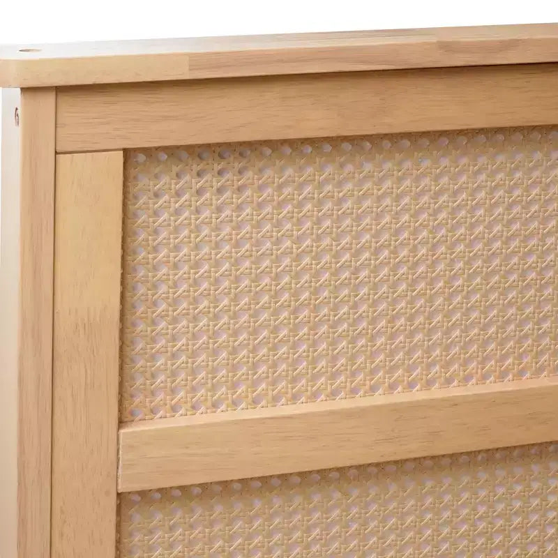 Bellemave Letto Matrimoniale King in Legno con Testiera in Rattan, 2 Cassetti Contenitore, Doghe di Supporto Robuste e Piedi Rinforzati, Rovere Bianco