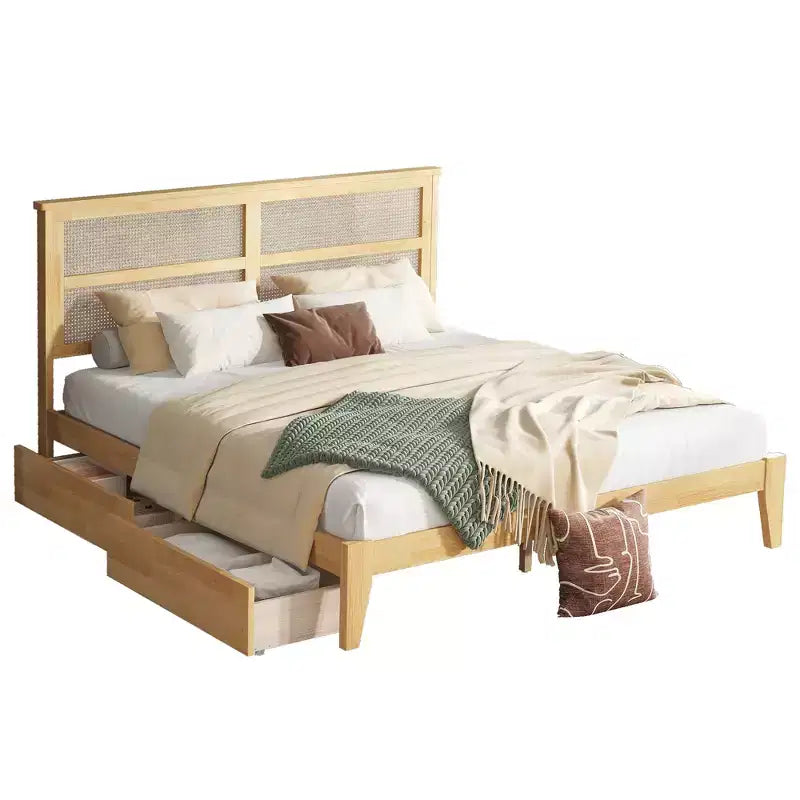 Bellemave Letto Matrimoniale King in Legno con Testiera in Rattan, 2 Cassetti Contenitore, Doghe di Supporto Robuste e Piedi Rinforzati, Rovere Bianco