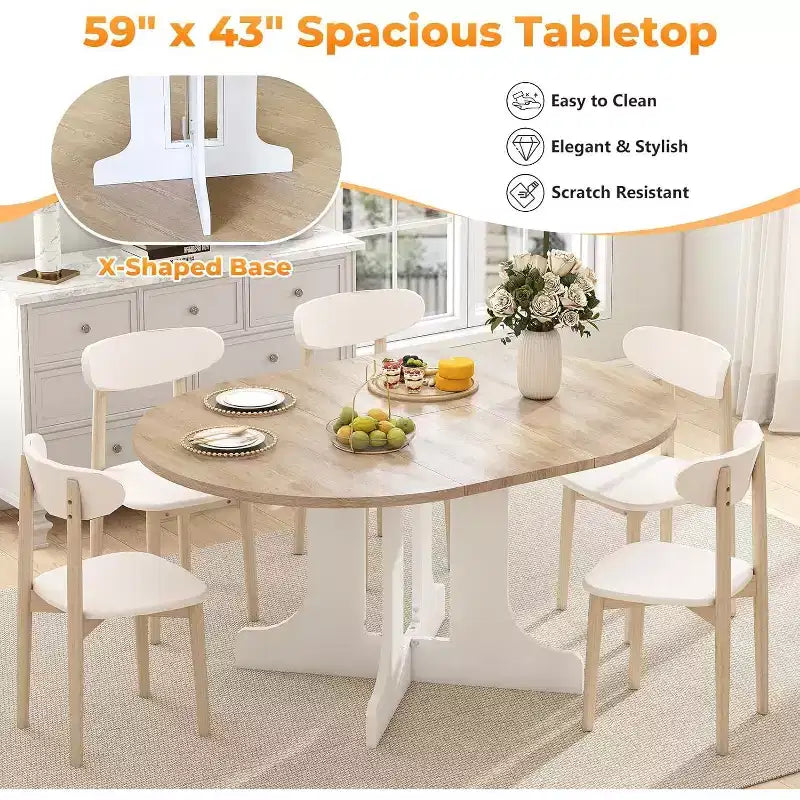 Tavolo da pranzo allungabile Zevemomo43-59, per 4-6 persone, con prolunga rimovibile, base a cavalletto a X e binario in metallo per sala da pranzo, soggiorno - Rovere