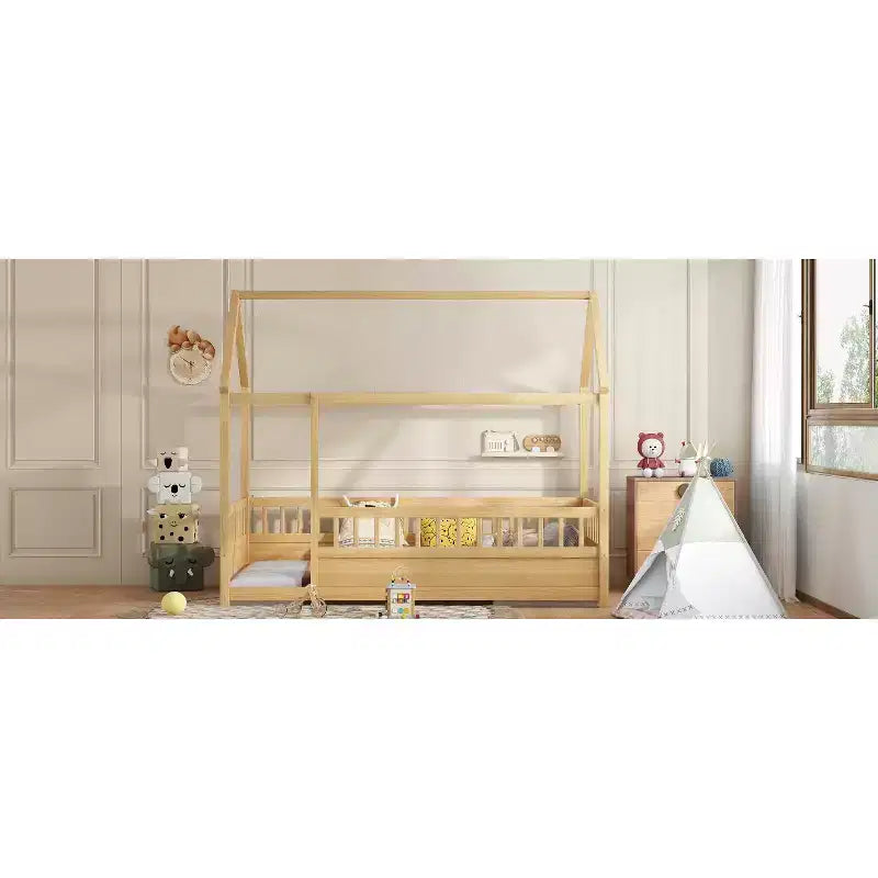 Letto a pavimento Montessori singolo Bellemave con recinzione alta, letto a casetta per bambini e bambine, letto Montessori senza doghe, naturale