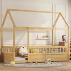 Letto a pavimento Montessori singolo Bellemave con recinzione alta, letto a casetta per bambini e bambine, letto Montessori senza doghe, naturale