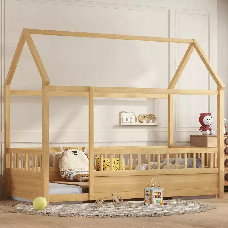Letto a pavimento Montessori singolo Bellemave con recinzione alta, letto a casetta per bambini e bambine, letto Montessori senza doghe, naturale