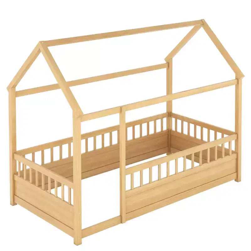 Letto a pavimento Montessori singolo Bellemave con recinzione alta, letto a casetta per bambini e bambine, letto Montessori senza doghe, naturale