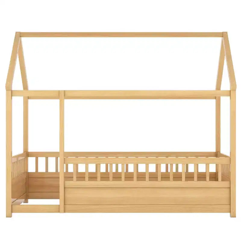 Letto a pavimento Montessori singolo Bellemave con recinzione alta, letto a casetta per bambini e bambine, letto Montessori senza doghe, naturale