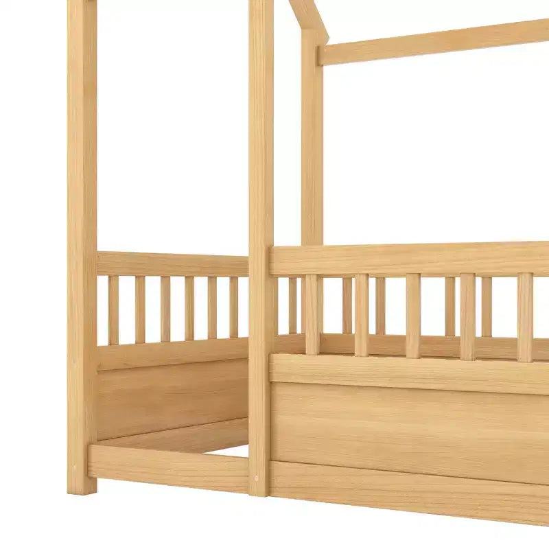 Letto a pavimento Montessori singolo Bellemave con recinzione alta, letto a casetta per bambini e bambine, letto Montessori senza doghe, naturale