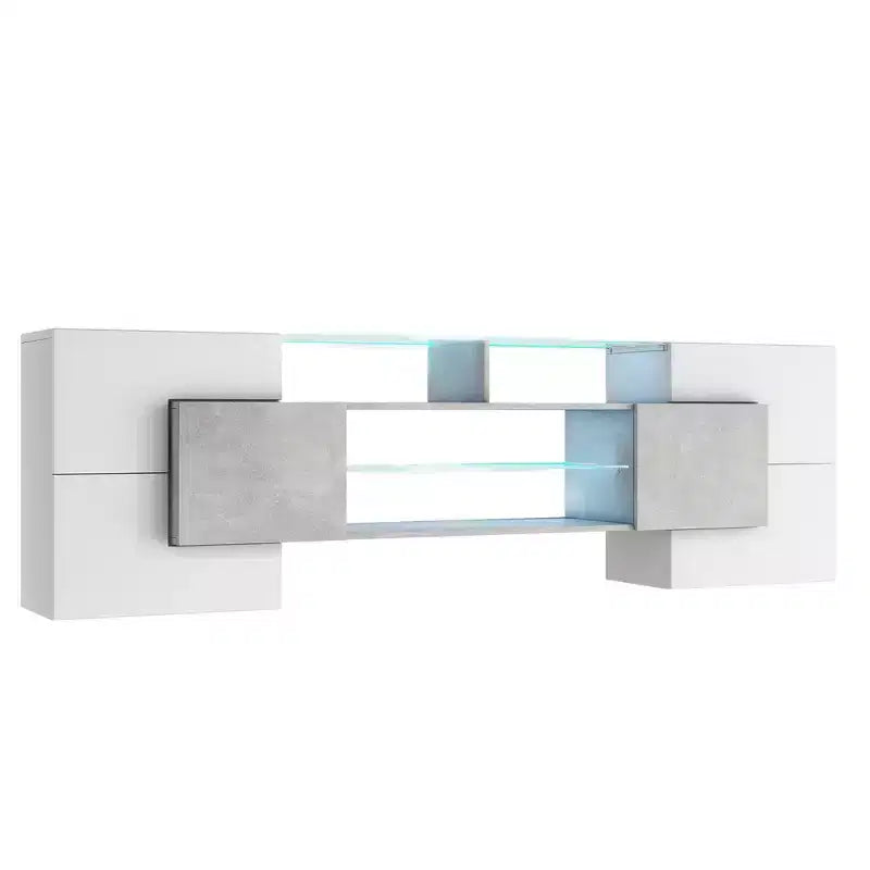 Mobile TV Whisen 88 lucido con 2 ripiani in vetro illuminati, mobile multimediale dalla forma unica con luci LED che cambiano colore - Grigio