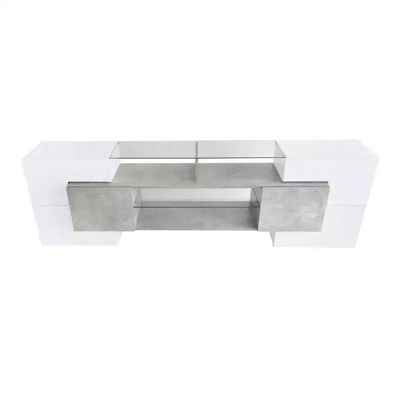 Mobile TV Whisen 88 lucido con 2 ripiani in vetro illuminati, mobile multimediale dalla forma unica con luci LED che cambiano colore - Grigio
