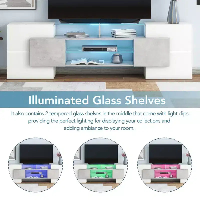 Mobile TV Whisen 88 lucido con 2 ripiani in vetro illuminati, mobile multimediale dalla forma unica con luci LED che cambiano colore - Grigio