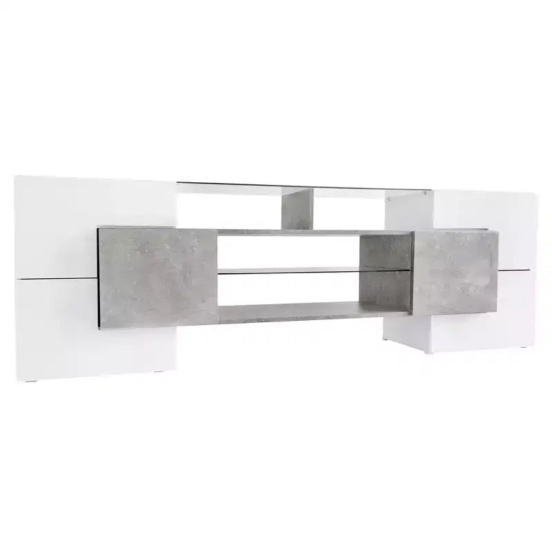 Mobile TV Whisen 88 lucido con 2 ripiani in vetro illuminati, mobile multimediale dalla forma unica con luci LED che cambiano colore - Grigio