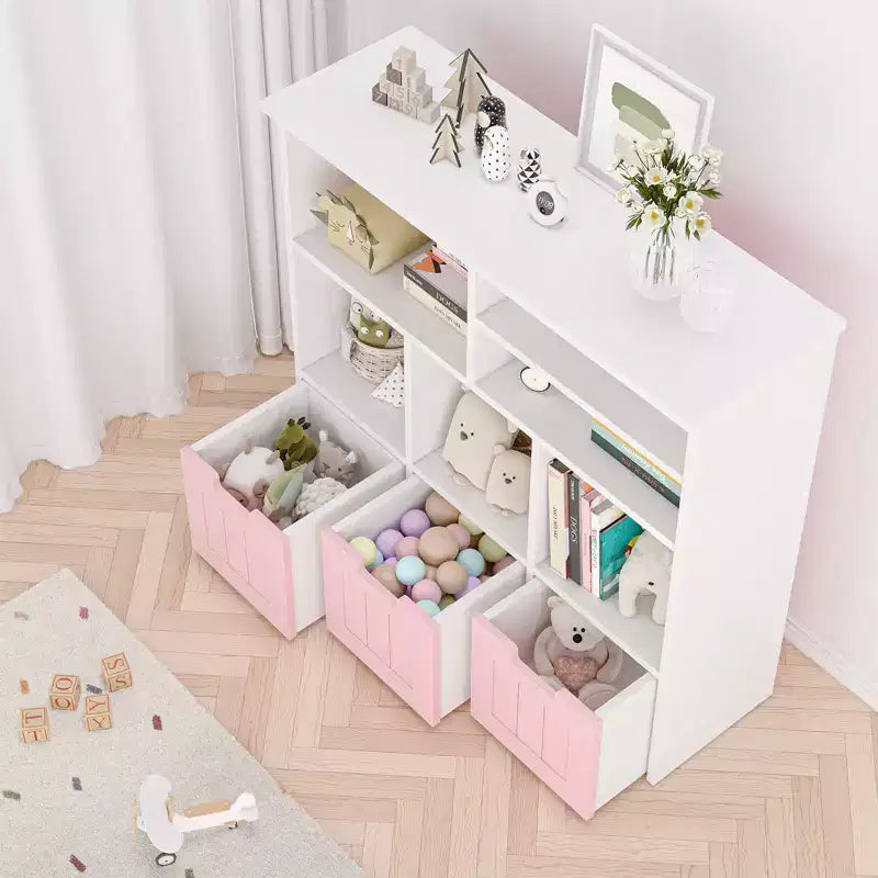 Libreria Scaffale per bambini con 3 cassetti mobili e 6 cubi contenitore giocattoli bianco