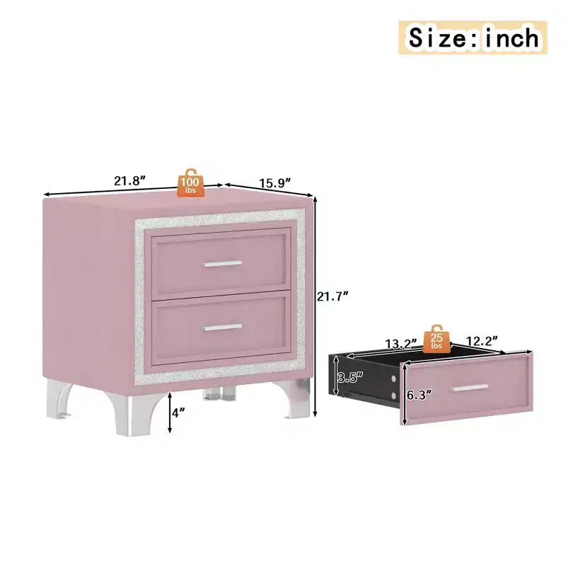 Bellemave Comodino in Velluto Mid-Century con 2 Cassetti, Tavolino Moderno da Comodino con Bordo Glitterato Argento e Gambe in Metallo, Rosa