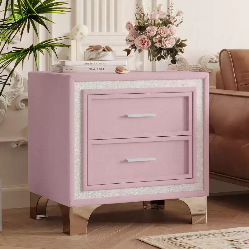 Bellemave Comodino in Velluto Mid-Century con 2 Cassetti, Tavolino Moderno da Comodino con Bordo Glitterato Argento e Gambe in Metallo, Rosa