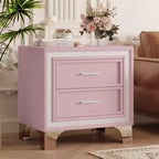 Bellemave Comodino in Velluto Mid-Century con 2 Cassetti, Tavolino Moderno da Comodino con Bordo Glitterato Argento e Gambe in Metallo, Rosa