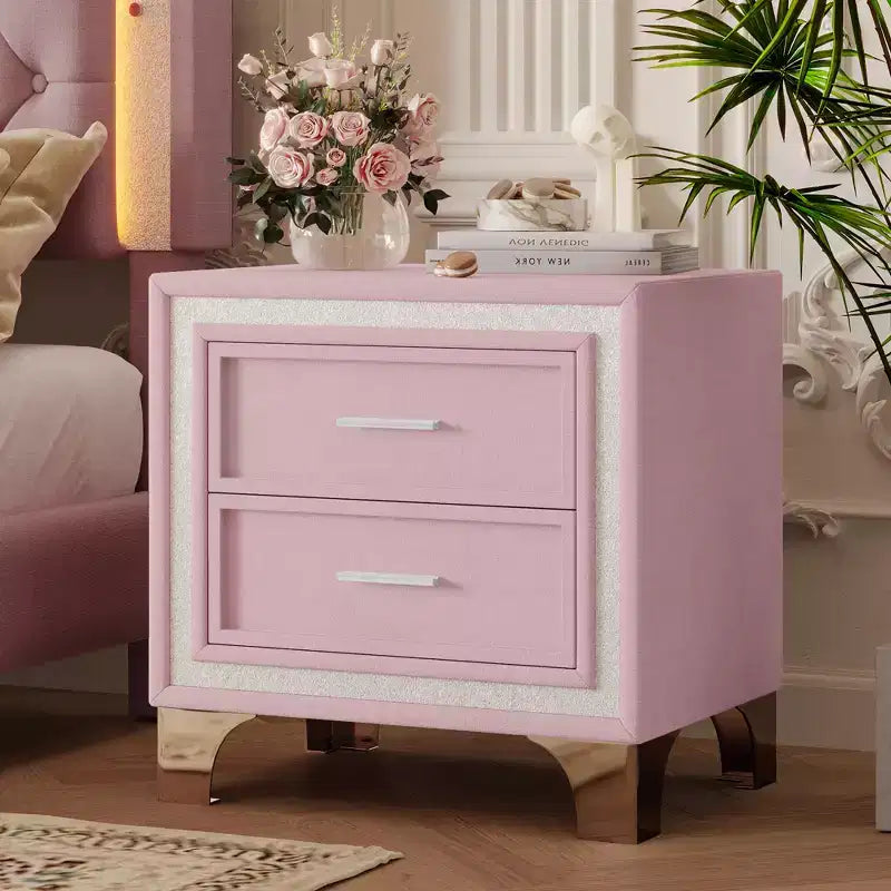 Bellemave Comodino in Velluto Mid-Century con 2 Cassetti, Tavolino Moderno da Comodino con Bordo Glitterato Argento e Gambe in Metallo, Rosa
