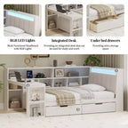 Divano Letto ad Angolo a L per Materasso Singolo/Matrimoniale con Libreria, Cassetti, Luce LED, Scrivania e Testiera Imbottita - ModernLuxe