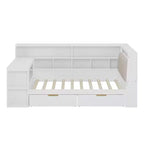 Divano Letto ad Angolo a L per Materasso Singolo/Matrimoniale con Libreria, Cassetti, Luce LED, Scrivania e Testiera Imbottita - ModernLuxe