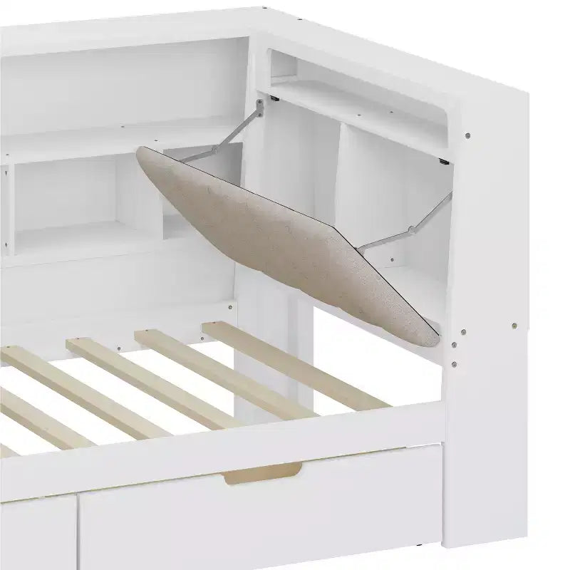 Divano Letto ad Angolo a L per Materasso Singolo/Matrimoniale con Libreria, Cassetti, Luce LED, Scrivania e Testiera Imbottita - ModernLuxe