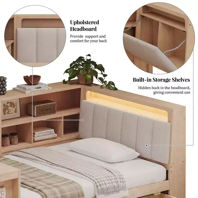 Divano Letto ad Angolo a L per Materasso Singolo/Matrimoniale con Libreria, Cassetti, Luce LED, Scrivania e Testiera Imbottita - ModernLuxe