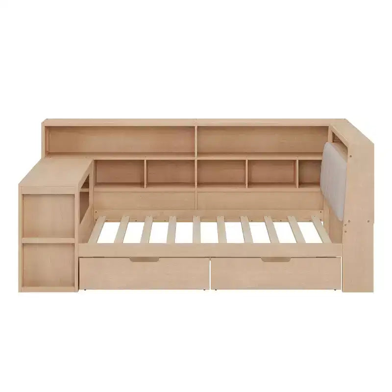 Divano Letto ad Angolo a L per Materasso Singolo/Matrimoniale con Libreria, Cassetti, Luce LED, Scrivania e Testiera Imbottita - ModernLuxe