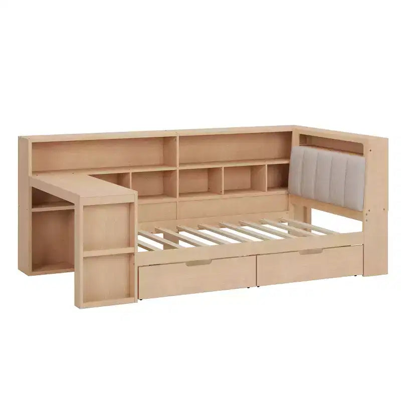 Divano Letto ad Angolo a L per Materasso Singolo/Matrimoniale con Libreria, Cassetti, Luce LED, Scrivania e Testiera Imbottita - ModernLuxe