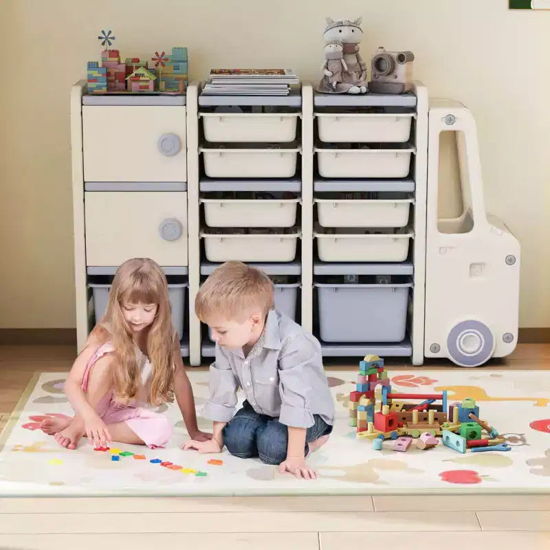 Costway Mobile Porta-Giocattoli per Bambini con 2 Armadietti e 11 Cestini Rimovibili per Sala Giochi, Camera da Letto