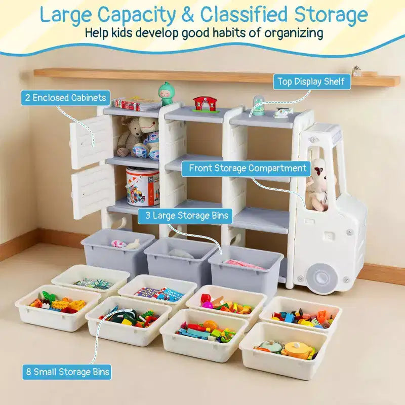 Costway Mobile Porta-Giocattoli per Bambini con 2 Armadietti e 11 Cestini Rimovibili per Sala Giochi, Camera da Letto
