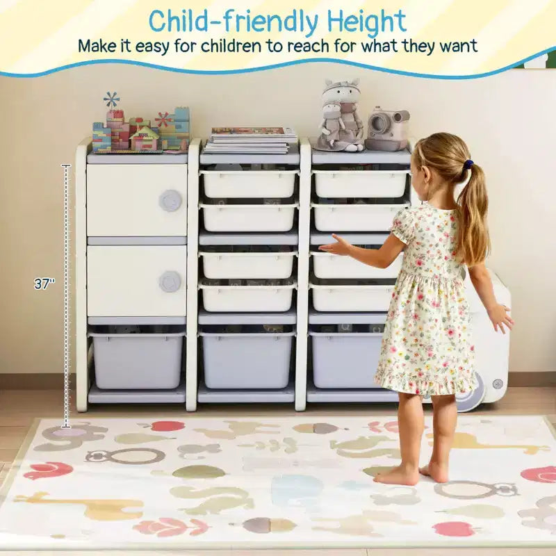 Costway Mobile Porta-Giocattoli per Bambini con 2 Armadietti e 11 Cestini Rimovibili per Sala Giochi, Camera da Letto