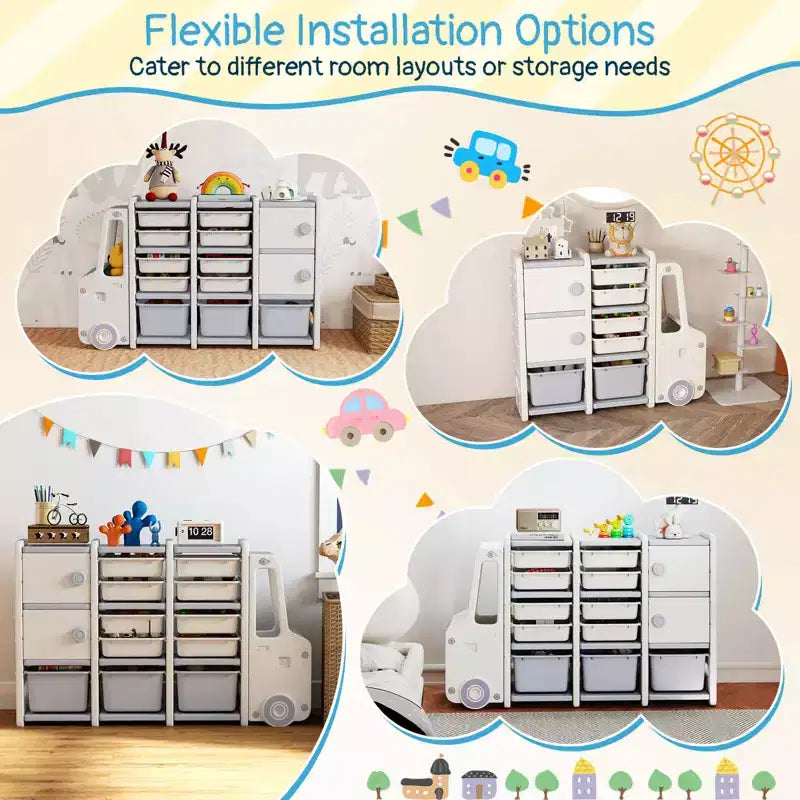 Costway Mobile Porta-Giocattoli per Bambini con 2 Armadietti e 11 Cestini Rimovibili per Sala Giochi, Camera da Letto