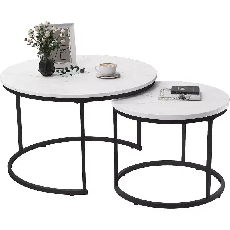 Zevemomo Nesting Coffee Table Set of 2, 27.6with Marble Pattern Top and Sturdy Metal Frame,Circle Table for Living Room, Bedroom,Patio,Yard (White)