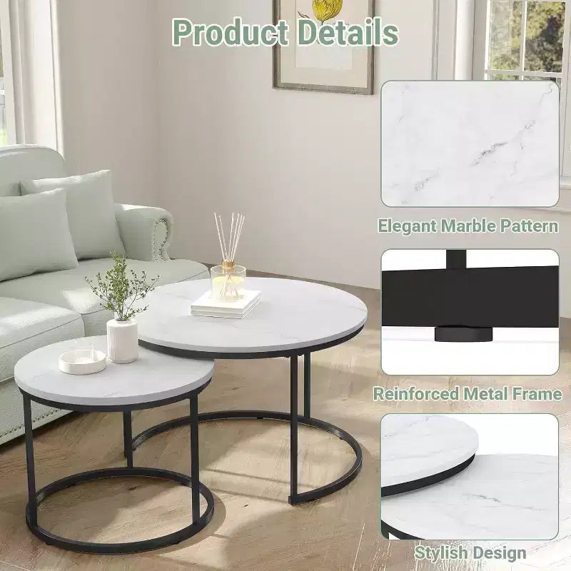 Zevemomo Set di 2 Tavolini da Caffè Nidificanti, 70 cm con Piano Effetto Marmo e Robusto Telaio in Metallo, Tavolino Rotondo per Soggiorno, Camera da Letto, Patio, Giardino (Bianco)