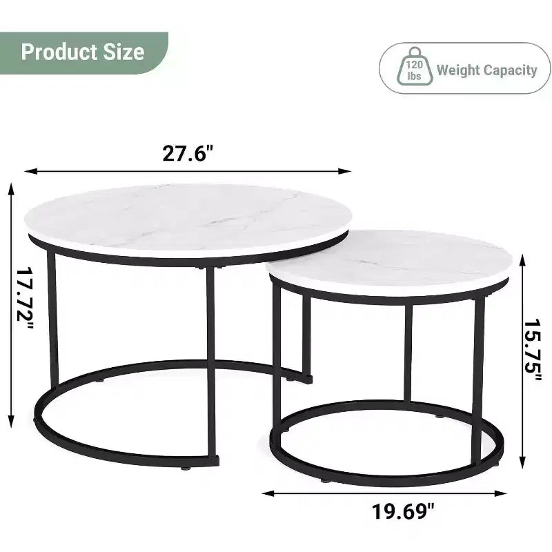 Zevemomo Set di 2 Tavolini da Caffè Nidificanti, 70 cm con Piano Effetto Marmo e Robusto Telaio in Metallo, Tavolino Rotondo per Soggiorno, Camera da Letto, Patio, Giardino (Bianco)
