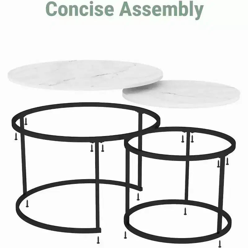 Zevemomo Set di 2 Tavolini da Caffè Nidificanti, 70 cm con Piano Effetto Marmo e Robusto Telaio in Metallo, Tavolino Rotondo per Soggiorno, Camera da Letto, Patio, Giardino (Bianco)