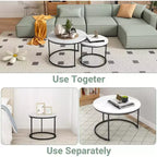Zevemomo Set di 2 Tavolini da Caffè Nidificanti, 70 cm con Piano Effetto Marmo e Robusto Telaio in Metallo, Tavolino Rotondo per Soggiorno, Camera da Letto, Patio, Giardino (Bianco)