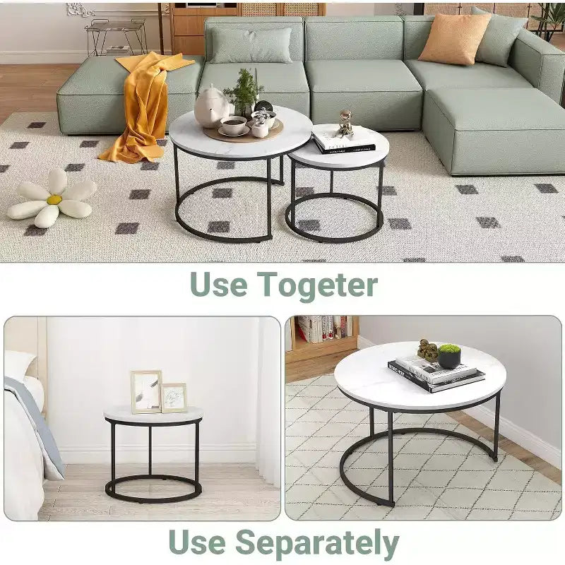 Zevemomo Set di 2 Tavolini da Caffè Nidificanti, 70 cm con Piano Effetto Marmo e Robusto Telaio in Metallo, Tavolino Rotondo per Soggiorno, Camera da Letto, Patio, Giardino (Bianco)
