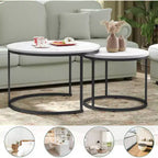 Zevemomo Set di 2 Tavolini da Caffè Nidificanti, 70 cm con Piano Effetto Marmo e Robusto Telaio in Metallo, Tavolino Rotondo per Soggiorno, Camera da Letto, Patio, Giardino (Bianco)