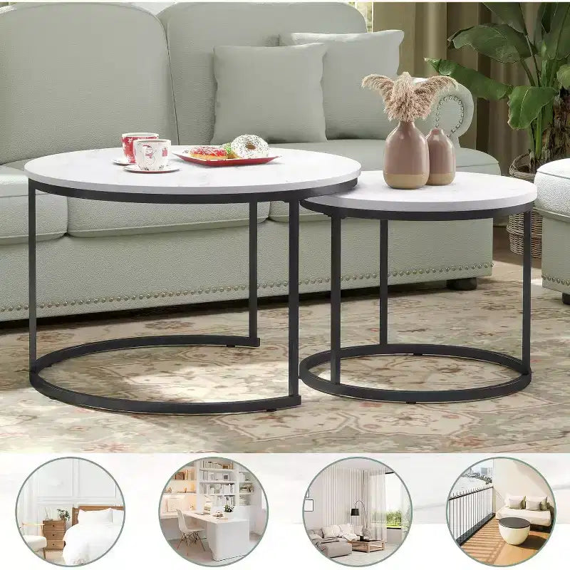 Zevemomo Set di 2 Tavolini da Caffè Nidificanti, 70 cm con Piano Effetto Marmo e Robusto Telaio in Metallo, Tavolino Rotondo per Soggiorno, Camera da Letto, Patio, Giardino (Bianco)