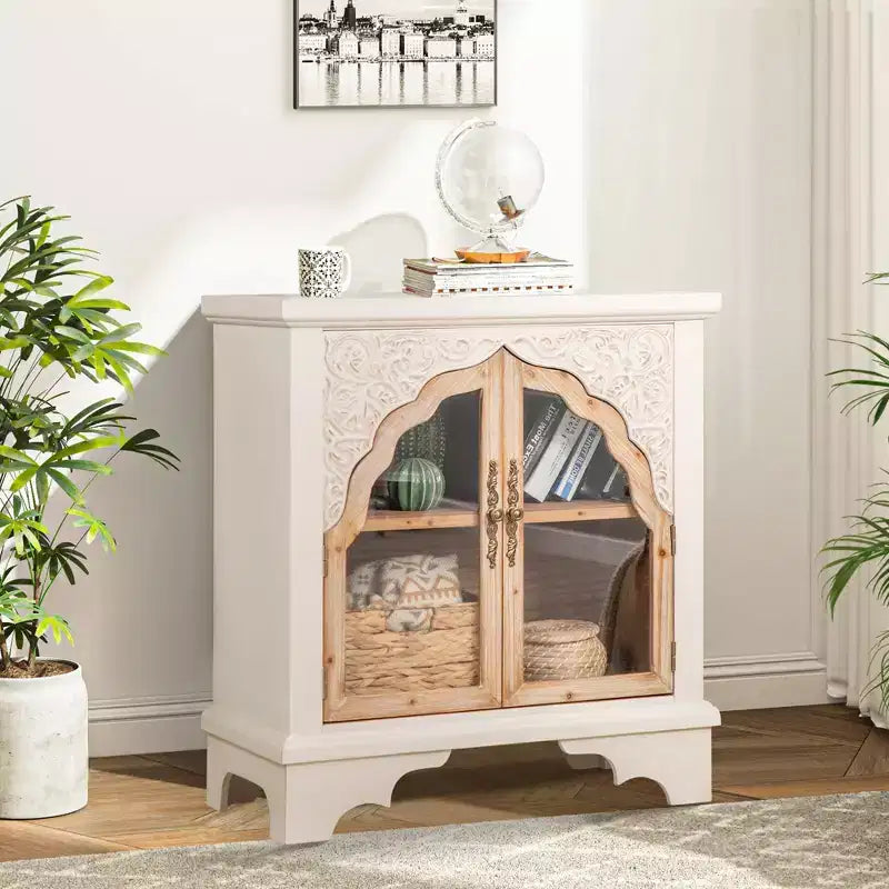 Mobiletto contenitore in legno Captiva Designs Vintage con 2 ante e intaglio a traforo per cucina, ingresso, soggiorno