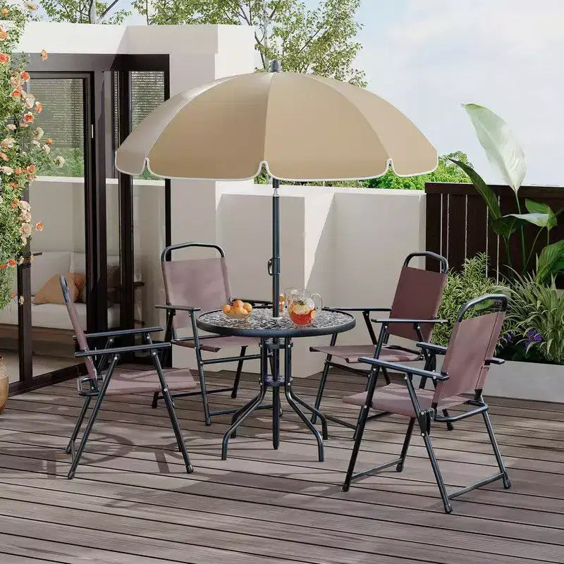 Coolmee Set da pranzo da esterno 6 pezzi con ombrellone, tavolo da patio e 4 sedie pieghevoli con ombrellone, tavolo da pranzo con piano in vetro temperato