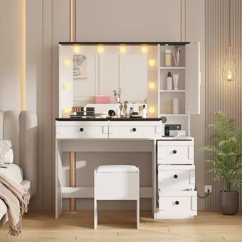 COZONY Toeletta Trucco con Specchio e Sgabello, Set Tavolo da Trucco con Cassetti e Ripiani Nascosti