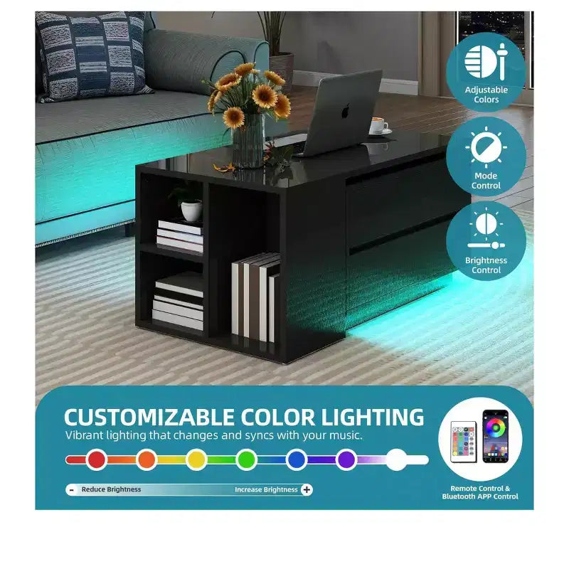Tavolino da Caffè Trasformabile in Legno Allungabile con LED, 4 Cassetti e Ripiani Aperti, Nero